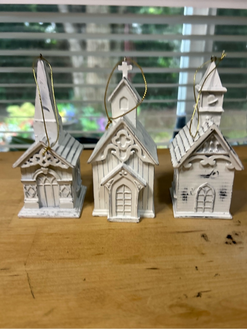 Lot Of 3 Church Christmas Ornaments White Distressed Metal Rustic